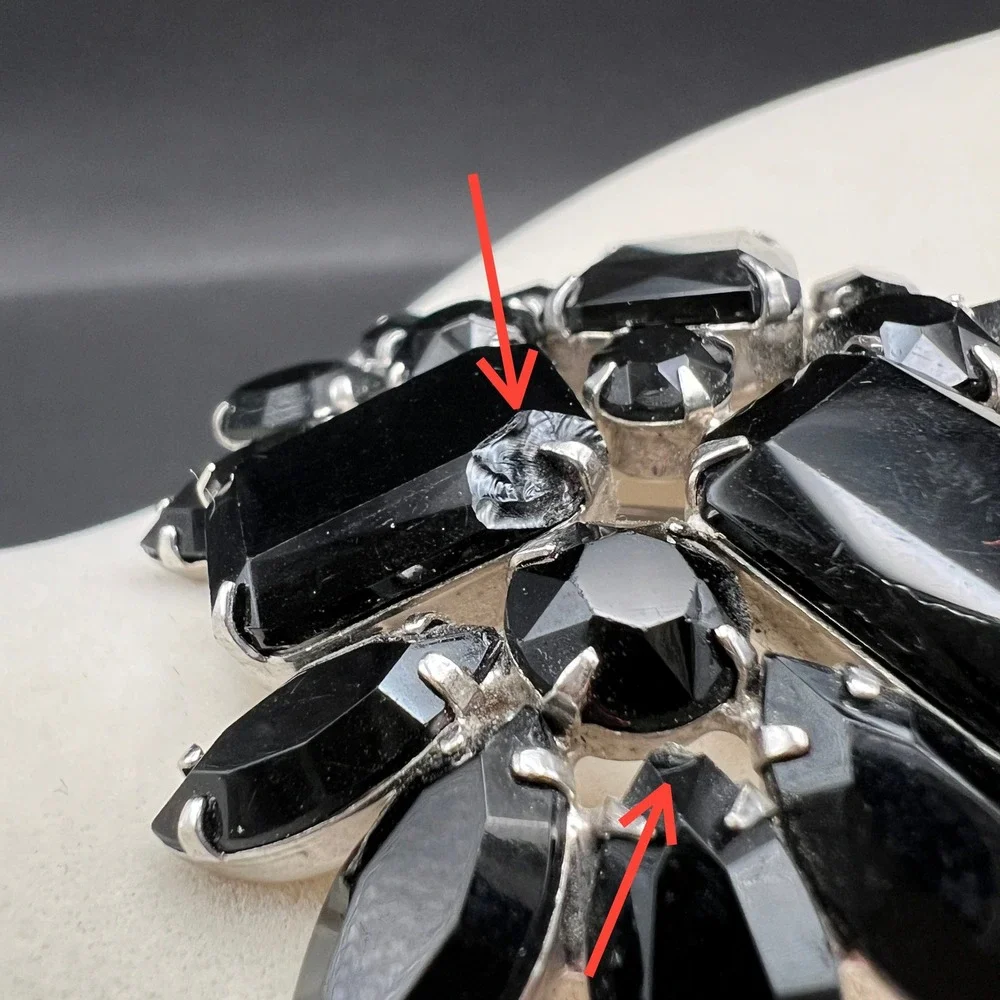 Vintage Rhinestone Brooch Black Crystal Domed‎ Floral Spray